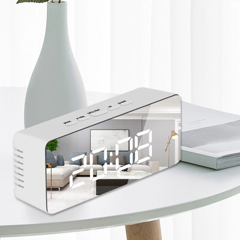 Elektroninis žadintuvas laikrodis su termometru ir veidrodžiu, modernaus dizaino LED