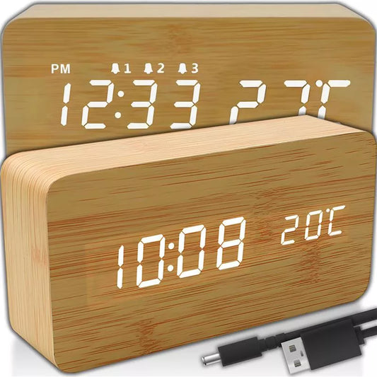 Medinis elektroninis žadintuvas su termometru ir data