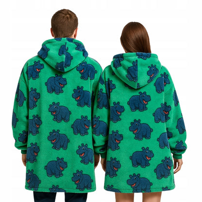 Labai minkštas chalatas-džemperis, oversized, su gobtuvu, pledo tipo, hipopotamo motyvas, 91,4 cm