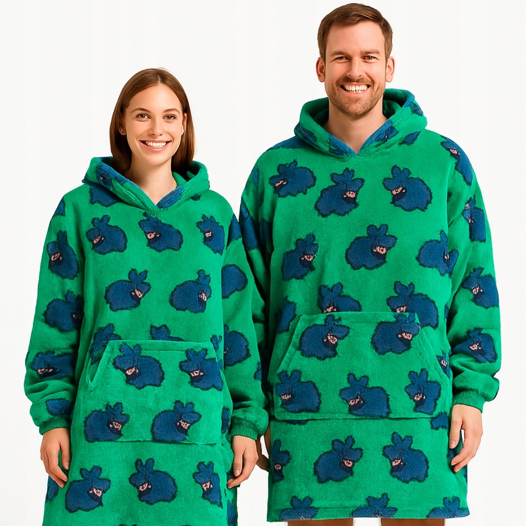 Labai minkštas chalatas-džemperis, oversized, su gobtuvu, pledo tipo, hipopotamo motyvas, 91,4 cm