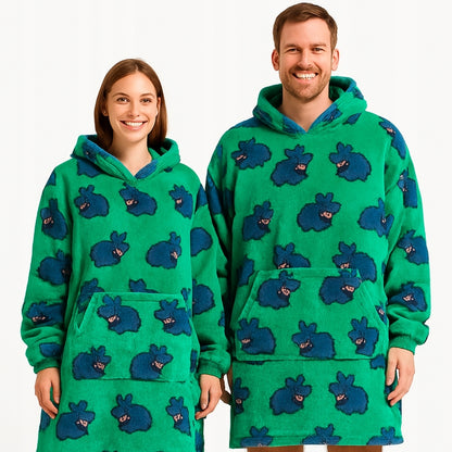 Labai minkštas chalatas-džemperis, oversized, su gobtuvu, pledo tipo, hipopotamo motyvas, 91,4 cm