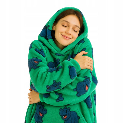 Labai minkštas chalatas-džemperis, oversized, su gobtuvu, pledo tipo, hipopotamo motyvas, 91,4 cm