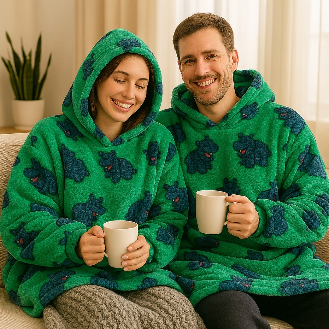 Labai minkštas chalatas-džemperis, oversized, su gobtuvu, pledo tipo, hipopotamo motyvas, 91,4 cm