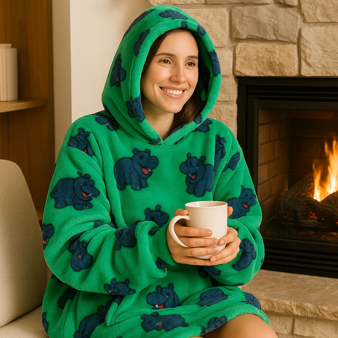 Labai minkštas chalatas-džemperis, oversized, su gobtuvu, pledo tipo, hipopotamo motyvas, 91,4 cm