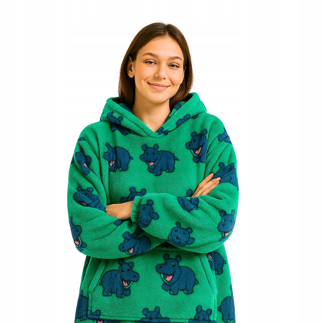 Labai minkštas chalatas-džemperis, oversized, su gobtuvu, pledo tipo, hipopotamo motyvas, 91,4 cm