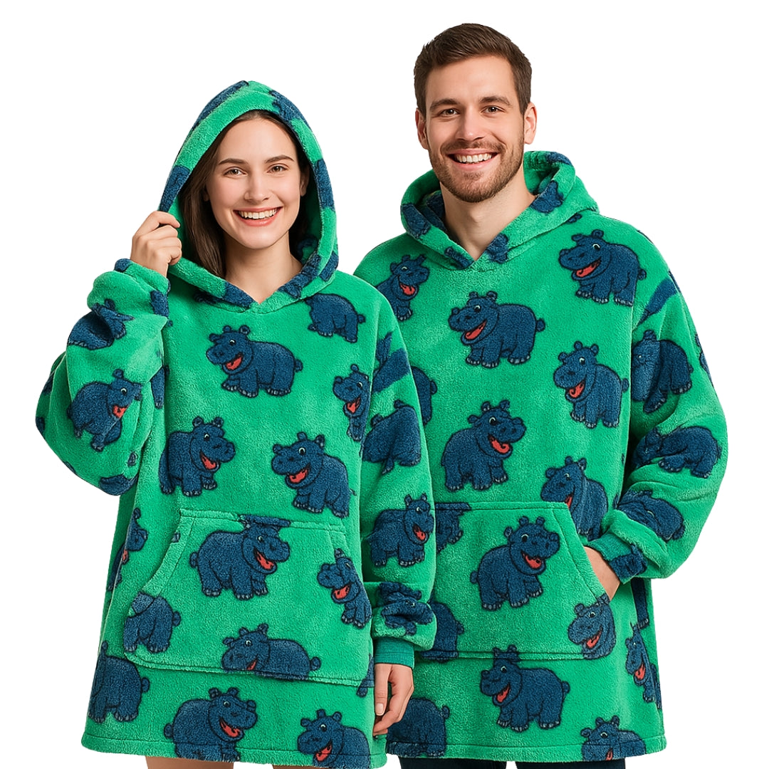 Labai minkštas chalatas-džemperis, oversized, su gobtuvu, pledo tipo, hipopotamo motyvas, 91,4 cm