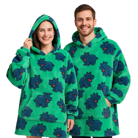 Labai minkštas chalatas-džemperis, oversized, su gobtuvu, pledo tipo, hipopotamo motyvas, 91,4 cm