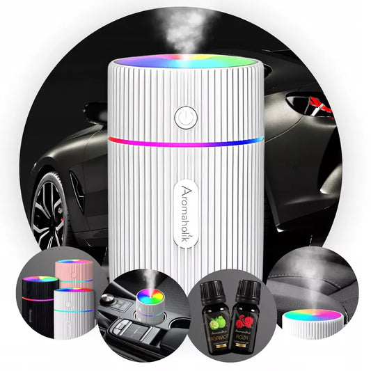 Baltas USB automobilinis aromato difuzorius - Oro drėkintuvas LED + Aliejus