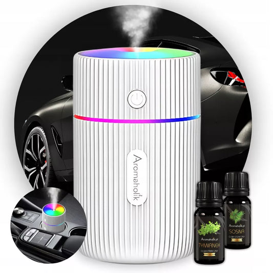 Baltas USB automobilinis aromato difuzorius - Oro drėkintuvas LED + Aliejus