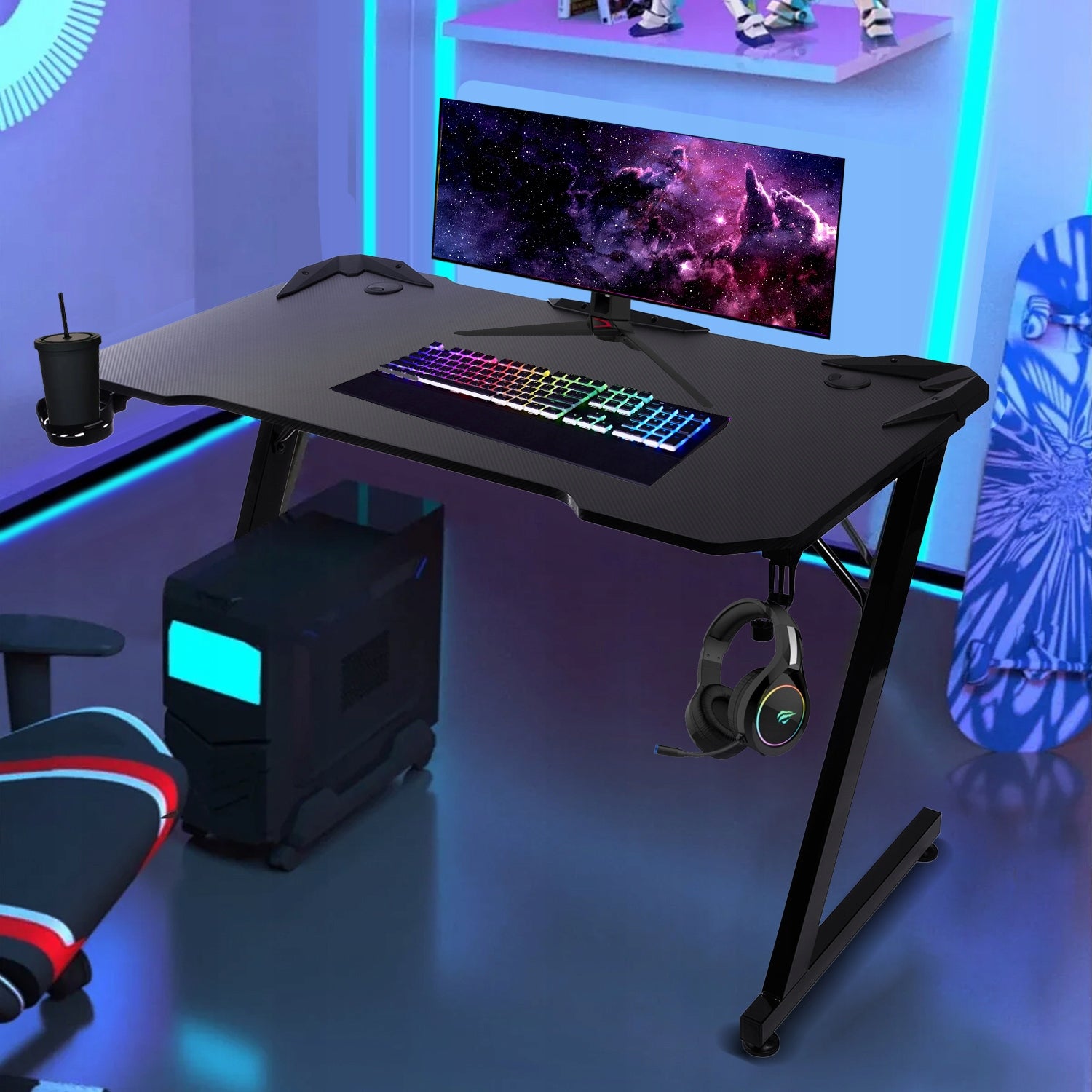 Žaidimų kompiuterio stalas 110x60 cm NanoRS RS345 tvirtas juodas žaidėjui
