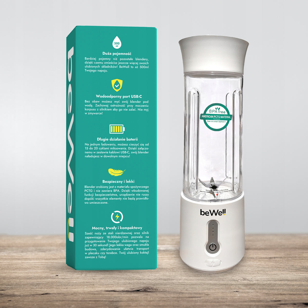 Nešiojamas Belaidis Blenderis beWell USB 500ml – Galingas Kokteilių Maišytuvas
