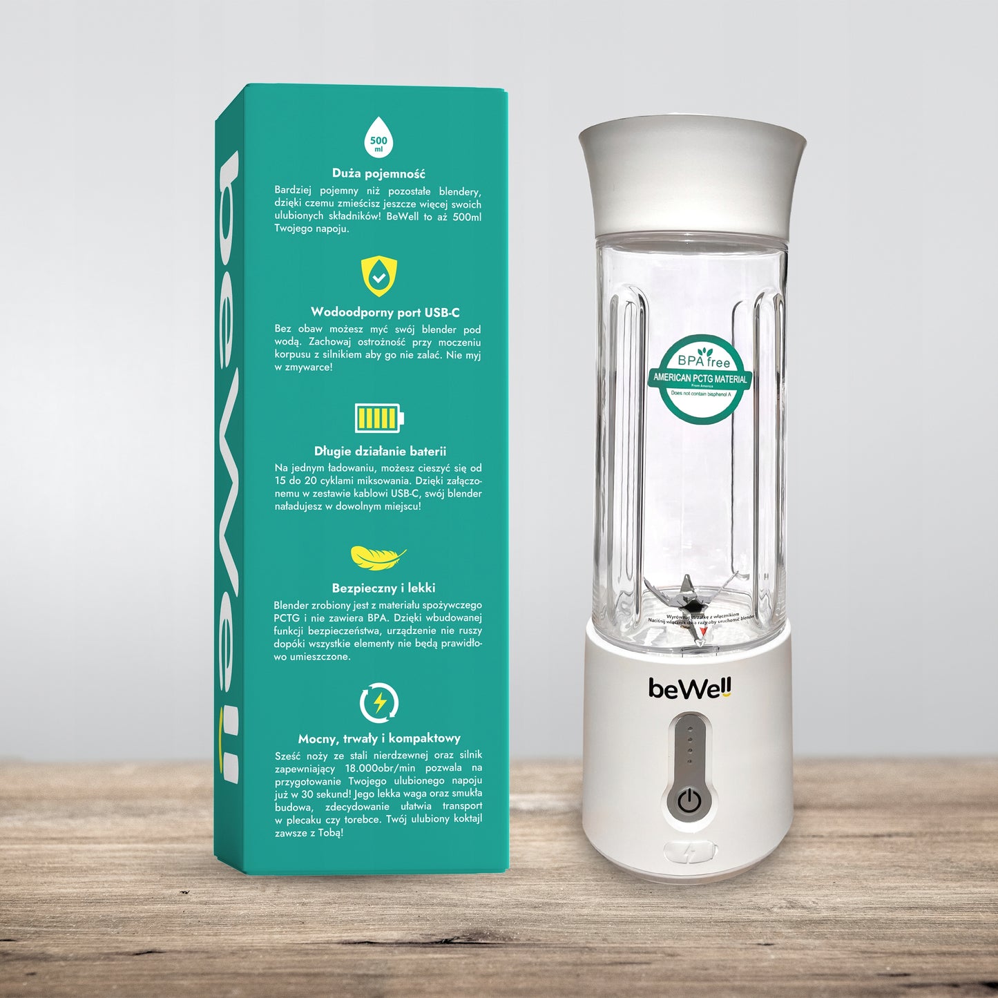 Nešiojamas Belaidis Blenderis beWell USB 500ml – Galingas Kokteilių Maišytuvas