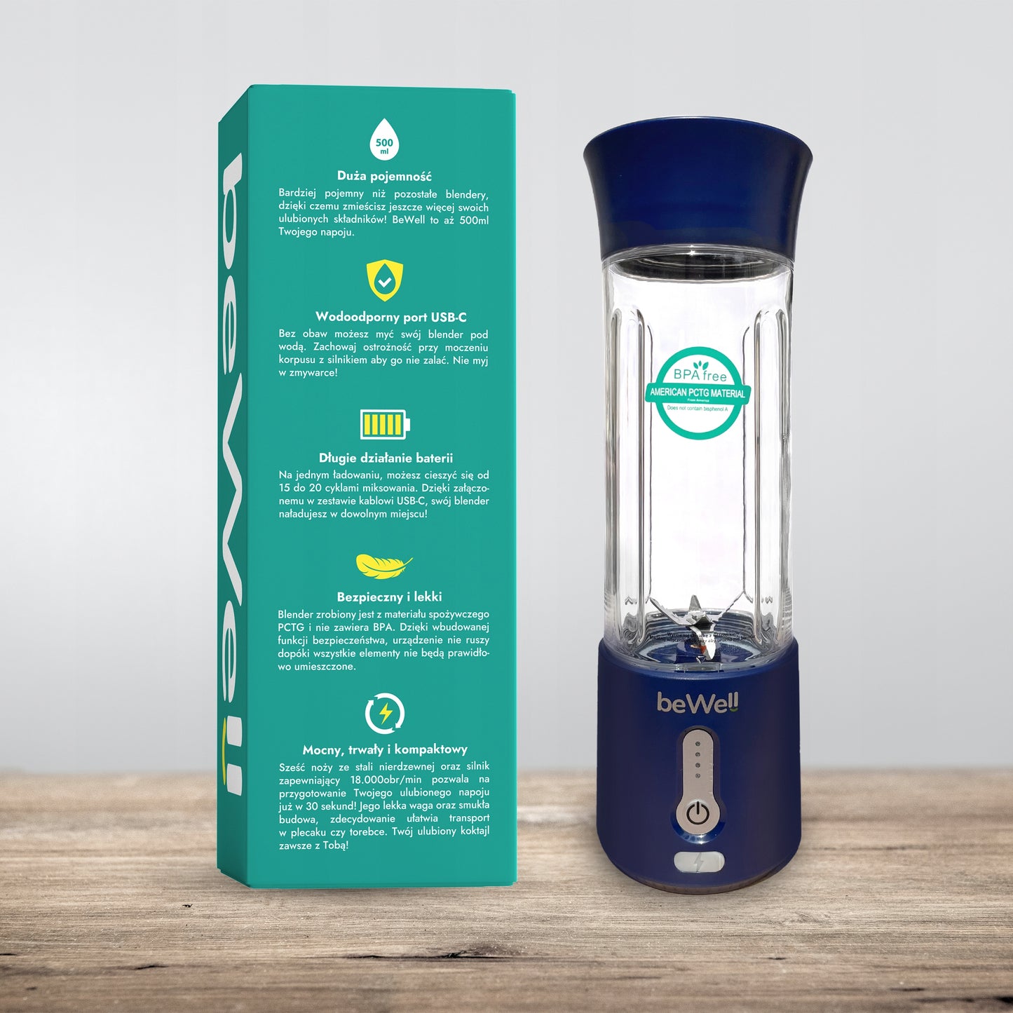 Galingas Belaidis Kokteilių Maišytuvas beWell – Nešiojamas, Įkraunamas USB, 500 ml