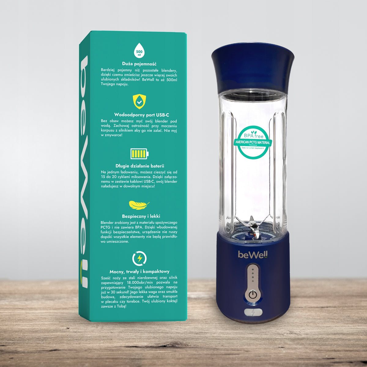 Galingas Belaidis Kokteilių Maišytuvas beWell – Nešiojamas, Įkraunamas USB, 500 ml