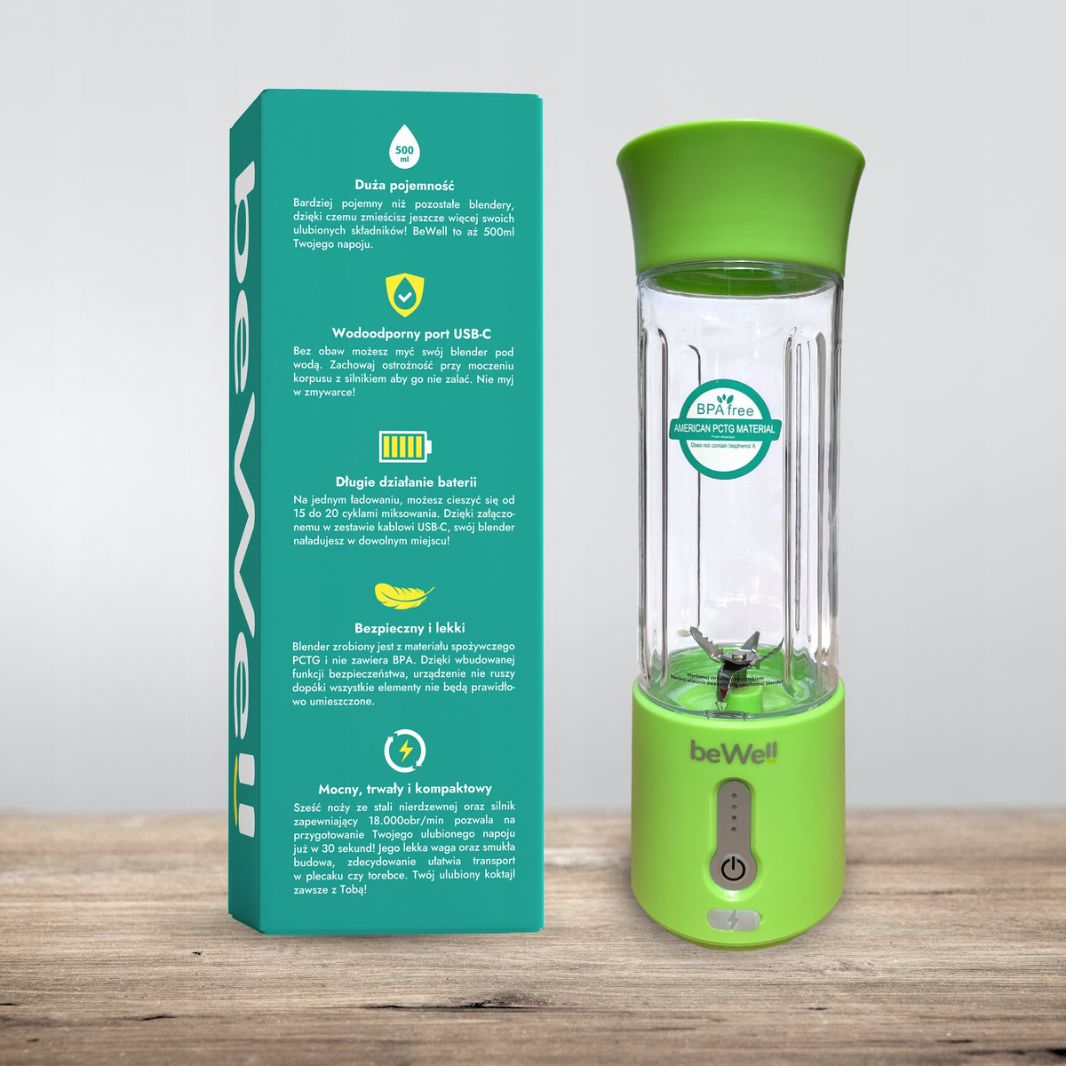 Belaidis Kelioninis Blenderis beWell 500ml – Galingas USB Įkraunamas Maišytuvas