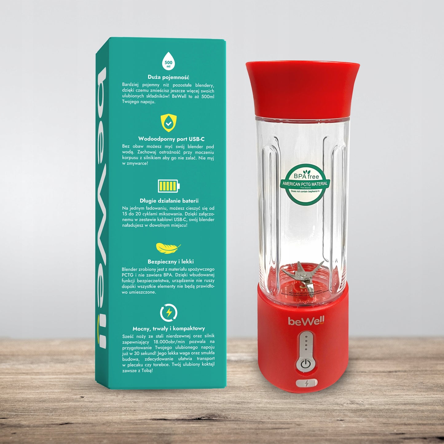 Belaidis Kokteilių Blenderis beWell 500 ml – Galingas, Nešiojamas, USB Įkraunamas