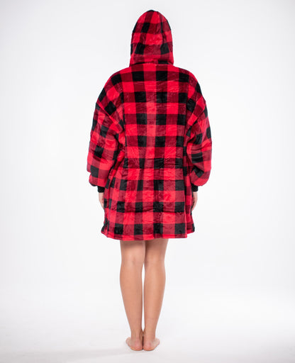 Antklodė-Bliuzonas 2in1 Oversize su Kapišonu, Stora Sherpa, Juodai-Raudona