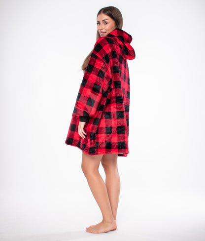 Antklodė-Bliuzonas 2in1 Oversize su Kapišonu, Stora Sherpa, Juodai-Raudona