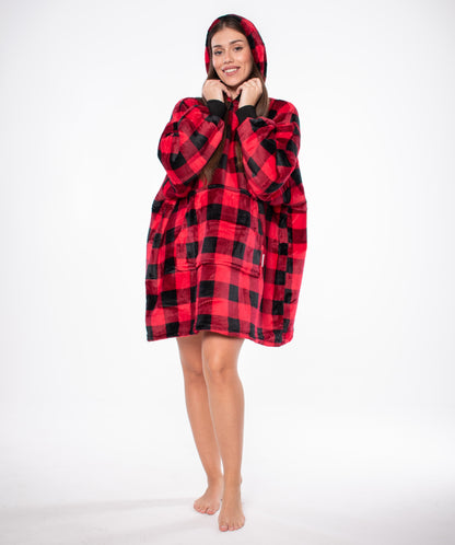 Antklodė-Bliuzonas 2in1 Oversize su Kapišonu, Stora Sherpa, Juodai-Raudona