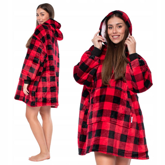 Antklodė-Bliuzonas 2in1 Oversize su Kapišonu, Stora Sherpa, Juodai-Raudona