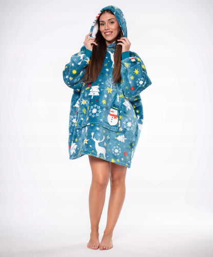 Megztinis-Antklodė "Kocobluza" 2-in-1, Oversize, su Gobtuvu, Storas Sherpa, Mėlynas, su Snieguolėmis