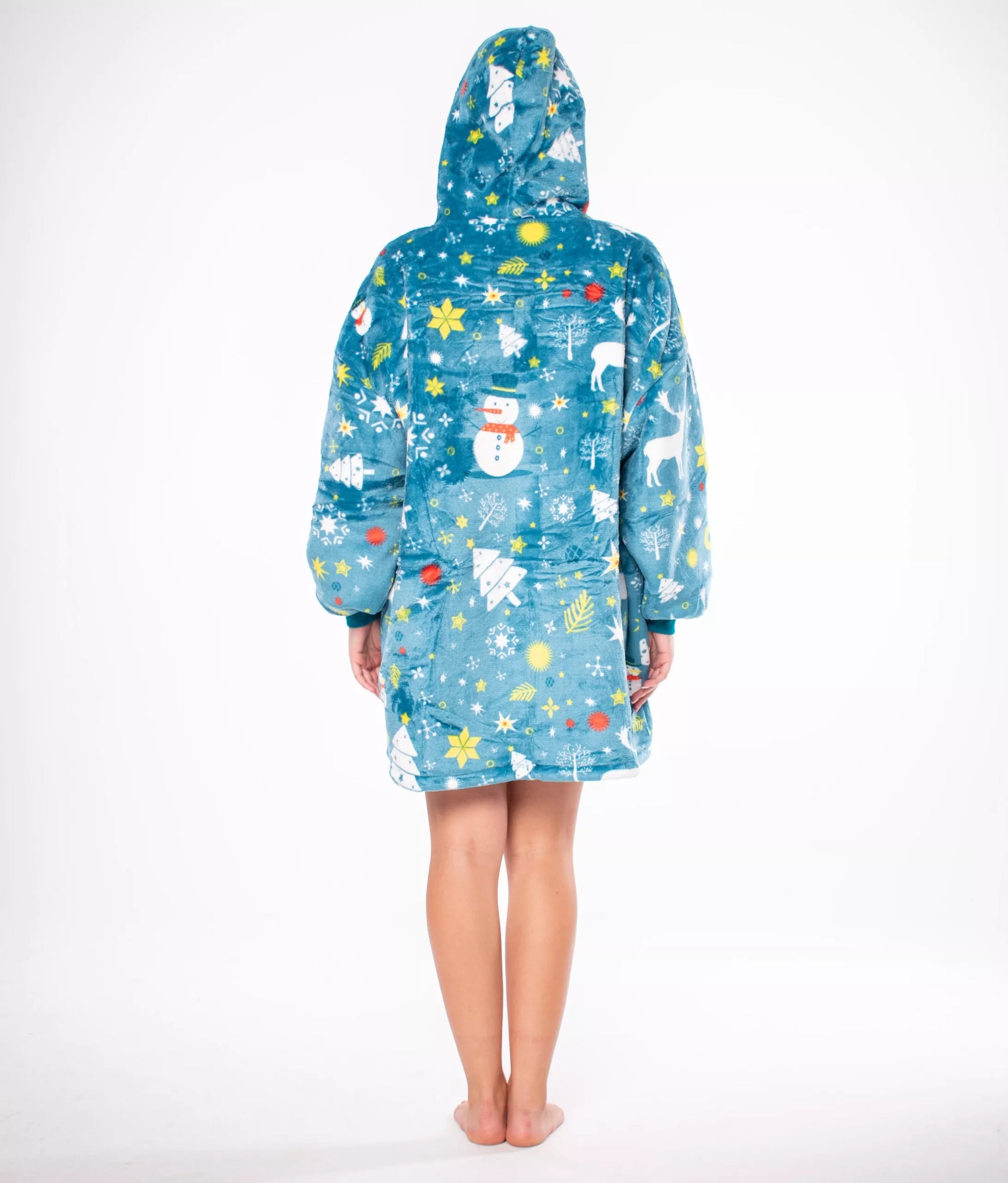 Megztinis-Antklodė "Kocobluza" 2-in-1, Oversize, su Gobtuvu, Storas Sherpa, Mėlynas, su Snieguolėmis