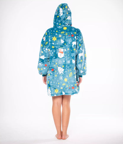Megztinis-Antklodė "Kocobluza" 2-in-1, Oversize, su Gobtuvu, Storas Sherpa, Mėlynas, su Snieguolėmis