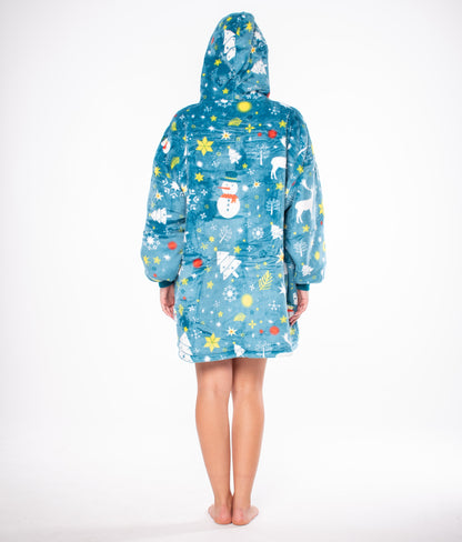 Megztinis-Antklodė "Kocobluza" 2-in-1, Oversize, su Gobtuvu, Storas Sherpa, Mėlynas, su Snieguolėmis