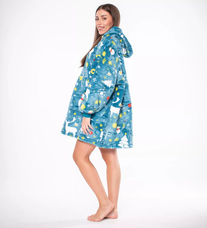 Megztinis-Antklodė "Kocobluza" 2-in-1, Oversize, su Gobtuvu, Storas Sherpa, Mėlynas, su Snieguolėmis