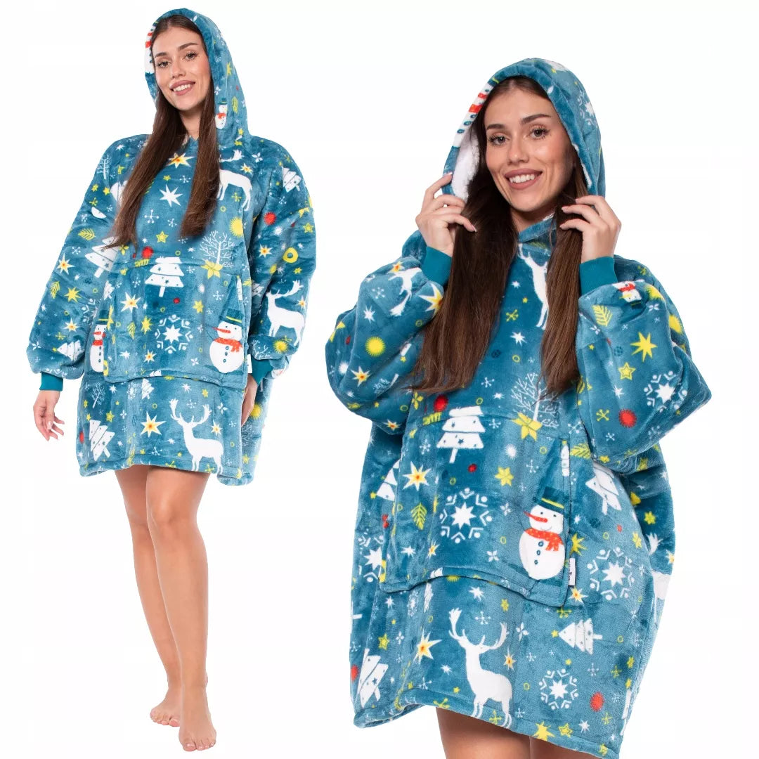 Megztinis-Antklodė "Kocobluza" 2-in-1, Oversize, su Gobtuvu, Storas Sherpa, Mėlynas, su Snieguolėmis