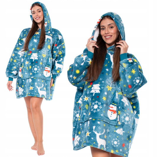 Megztinis-Antklodė "Kocobluza" 2-in-1, Oversize, su Gobtuvu, Storas Sherpa, Mėlynas, su Snieguolėmis