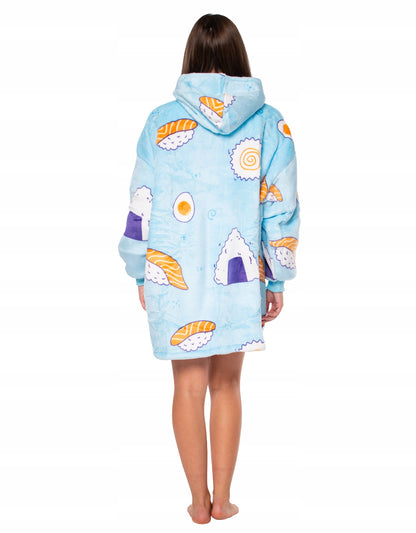 Džemperis pledas "Kocobluza" 2in1 Oversize su gobtuvu, storus "Sherpa" audinys, mėlynas su "Sushi" raštu