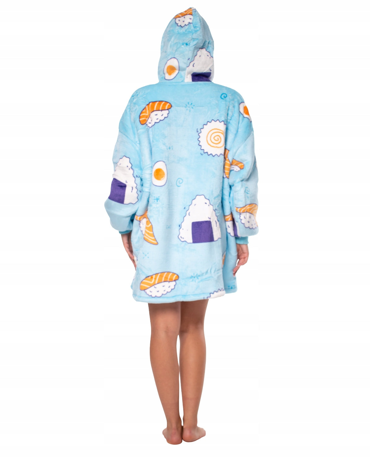 Džemperis pledas "Kocobluza" 2in1 Oversize su gobtuvu, storus "Sherpa" audinys, mėlynas su "Sushi" raštu