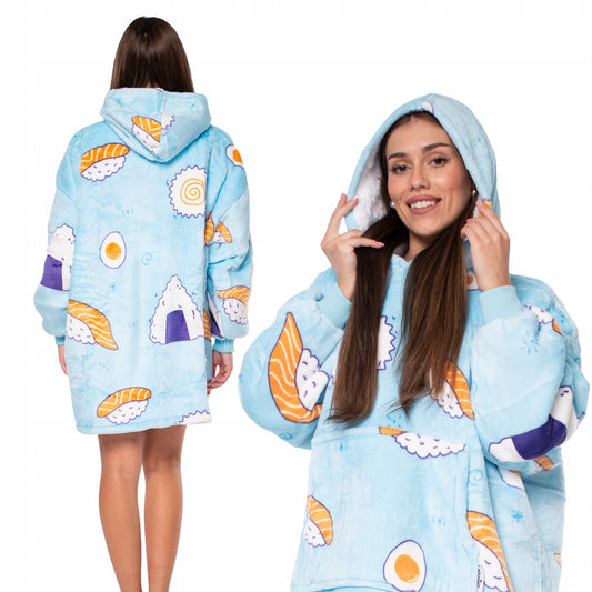 Džemperis pledas "Kocobluza" 2in1 Oversize su gobtuvu, storus "Sherpa" audinys, mėlynas su "Sushi" raštu