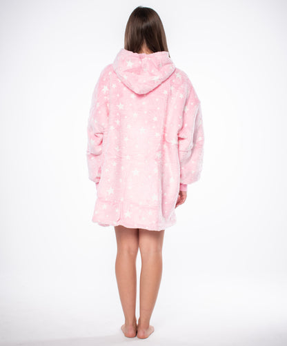 Džemperis-Antklodė "Kocobluza" 2 in 1 Oversize su gobtuvu, storas Sherpa, rožinis su žvaigždutėmis