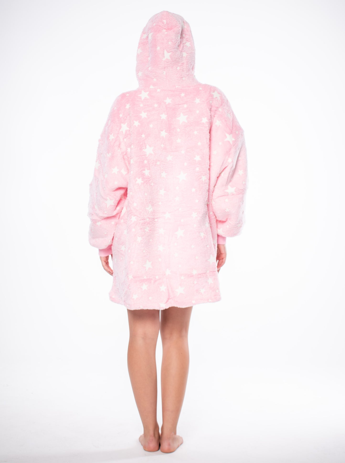 Džemperis-Antklodė "Kocobluza" 2 in 1 Oversize su gobtuvu, storas Sherpa, rožinis su žvaigždutėmis