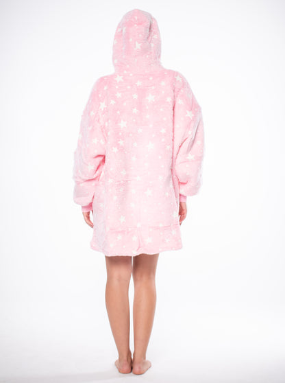 Džemperis-Antklodė "Kocobluza" 2 in 1 Oversize su gobtuvu, storas Sherpa, rožinis su žvaigždutėmis