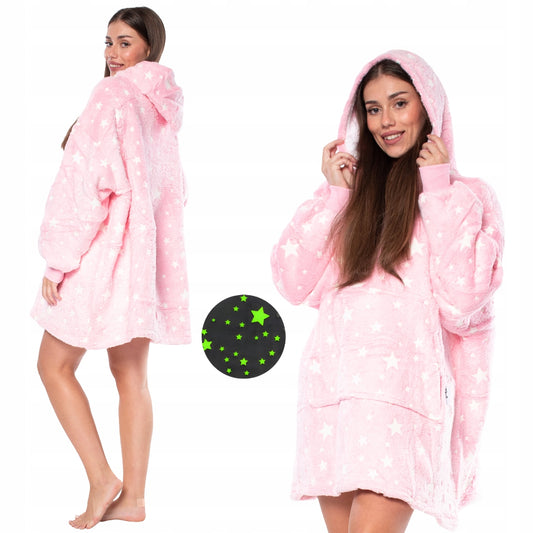 Džemperis-Antklodė "Kocobluza" 2 in 1 Oversize su gobtuvu, storas Sherpa, rožinis su žvaigždutėmis