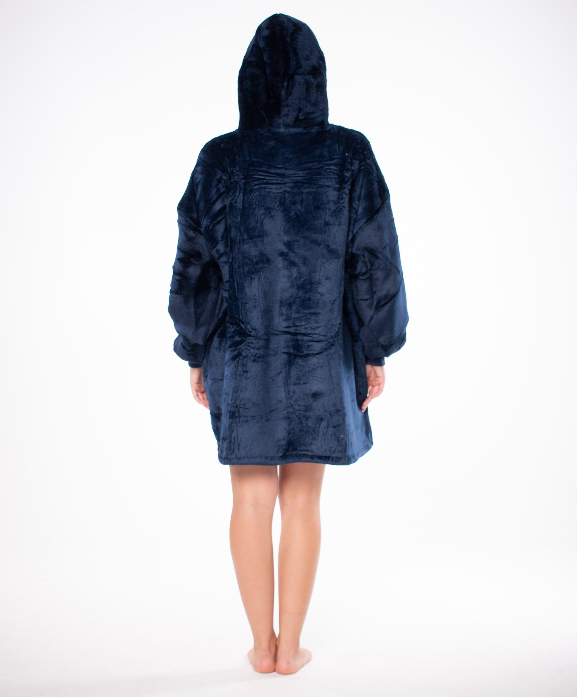 Džemperis-antklodė Kocobluza 2in1 Oversize XXL su gobtuvu, storus šerpa audinio, tamsiai mėlynas