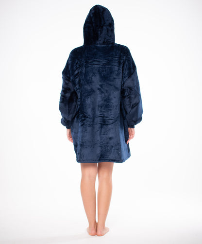 Džemperis-antklodė Kocobluza 2in1 Oversize XXL su gobtuvu, storus šerpa audinio, tamsiai mėlynas