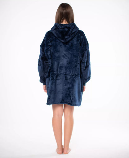 Džemperis-antklodė Kocobluza 2in1 Oversize XXL su gobtuvu, storus šerpa audinio, tamsiai mėlynas