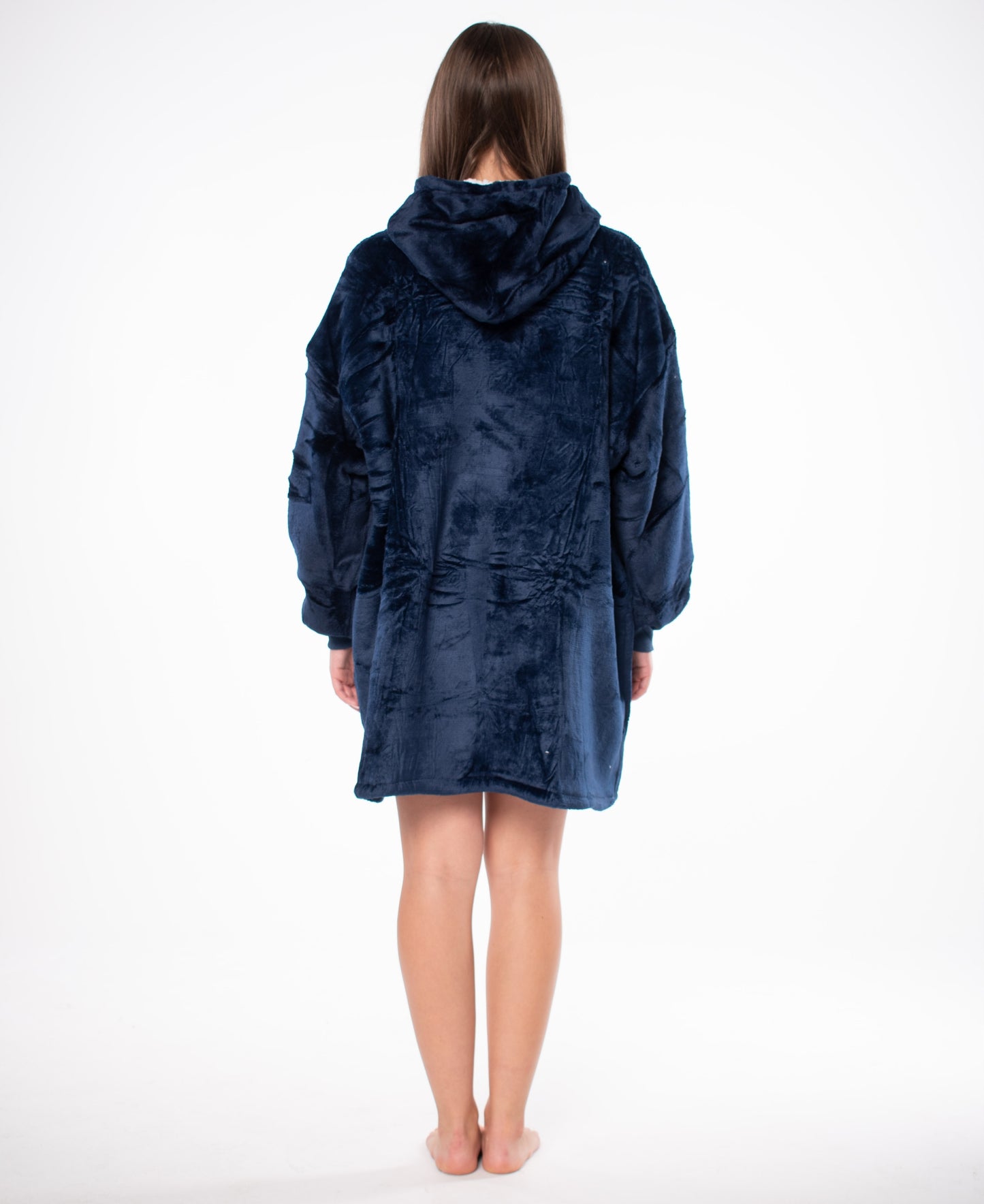 Džemperis-antklodė Kocobluza 2in1 Oversize XXL su gobtuvu, storus šerpa audinio, tamsiai mėlynas