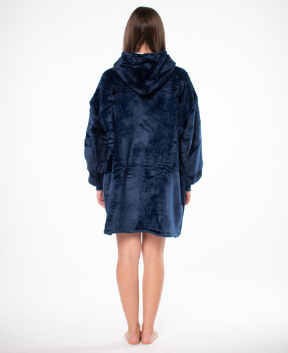 Džemperis-antklodė Kocobluza 2in1 Oversize XXL su gobtuvu, storus šerpa audinio, tamsiai mėlynas