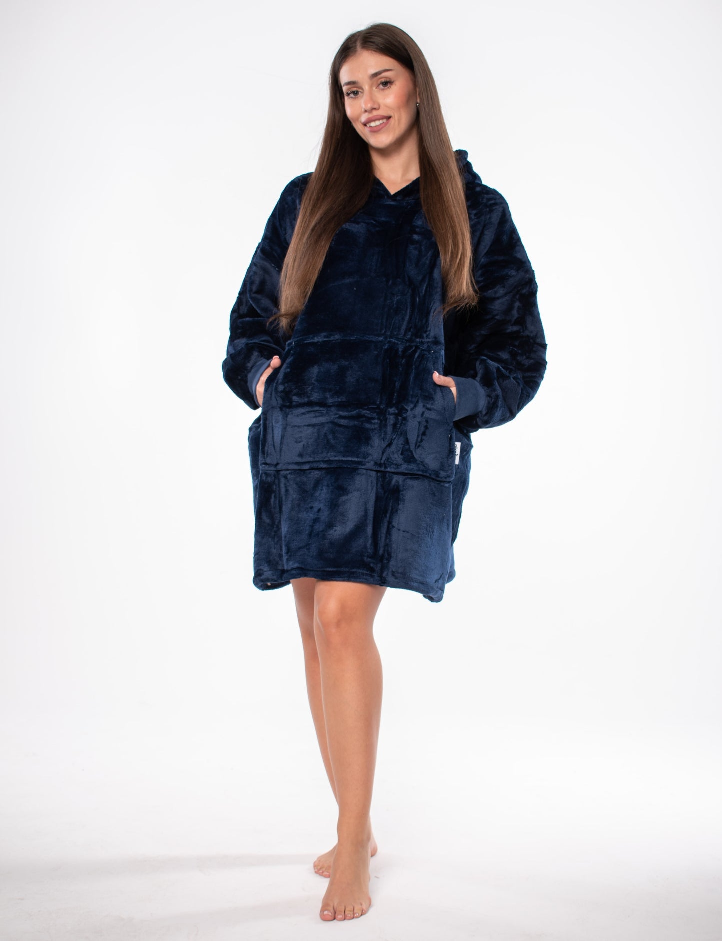 Džemperis-antklodė Kocobluza 2in1 Oversize XXL su gobtuvu, storus šerpa audinio, tamsiai mėlynas