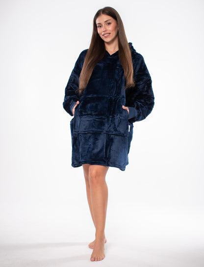Džemperis-antklodė Kocobluza 2in1 Oversize XXL su gobtuvu, storus šerpa audinio, tamsiai mėlynas