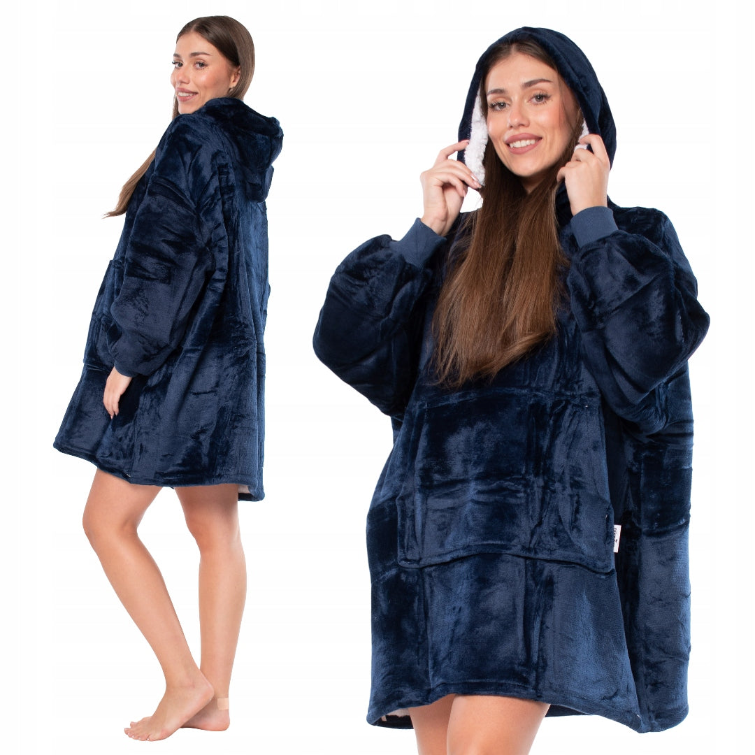 Džemperis-antklodė Kocobluza 2in1 Oversize XXL su gobtuvu, storus šerpa audinio, tamsiai mėlynas