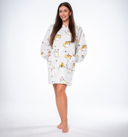 Džemperis pledas Kocobluza 2in1 Oversize su gobtuvu, storalapis Sherpa, pilkas su katukais