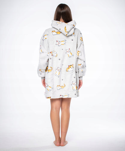 Džemperis pledas Kocobluza 2in1 Oversize su gobtuvu, storalapis Sherpa, pilkas su katukais