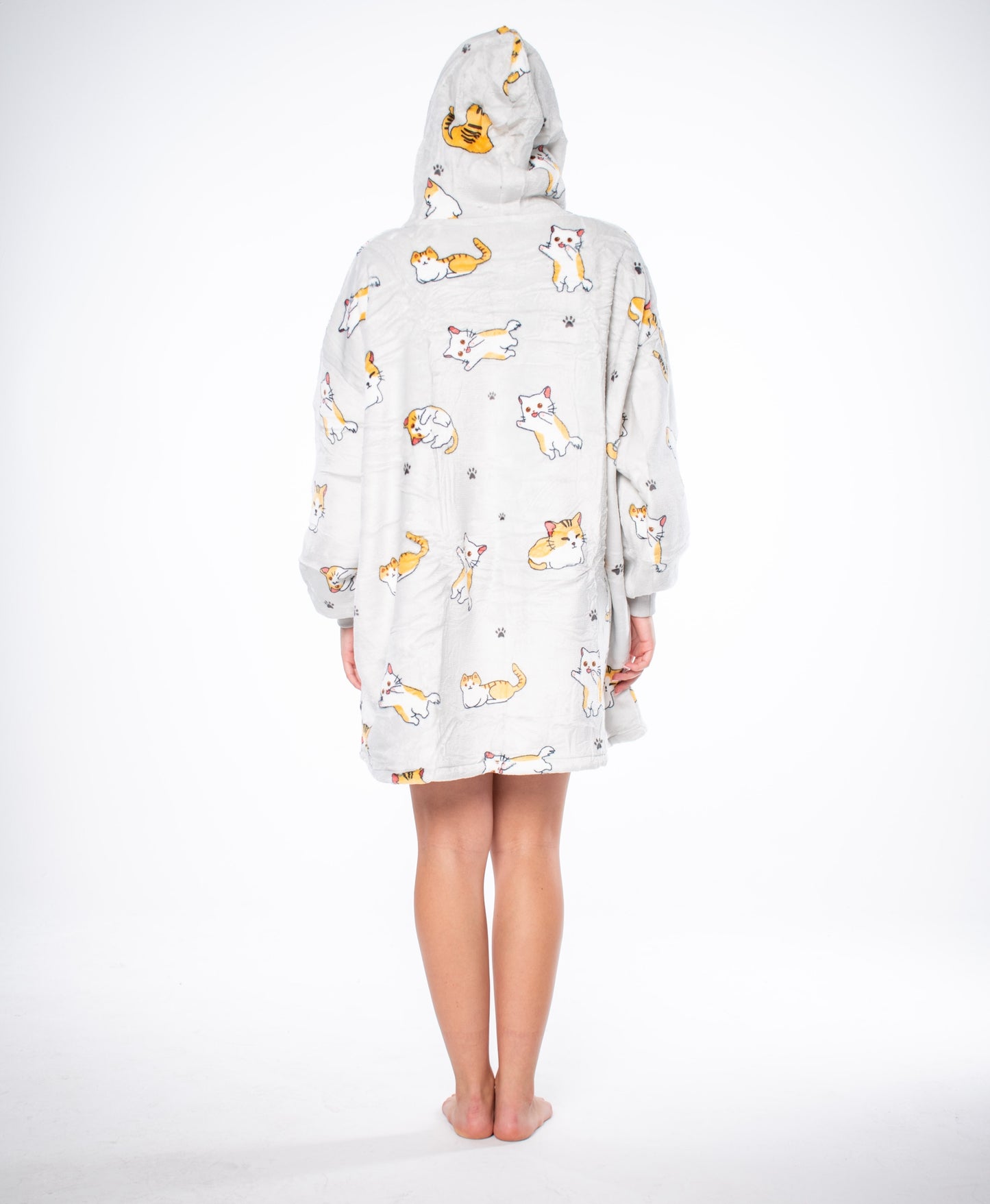 Džemperis pledas Kocobluza 2in1 Oversize su gobtuvu, storalapis Sherpa, pilkas su katukais