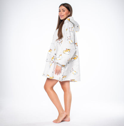 Džemperis pledas Kocobluza 2in1 Oversize su gobtuvu, storalapis Sherpa, pilkas su katukais